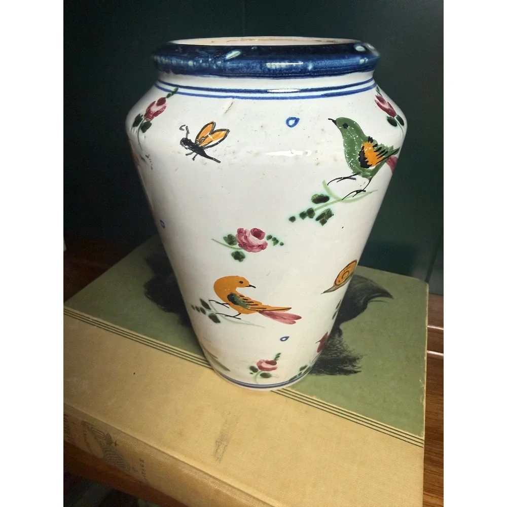 Vintage Italian Hand Painted‎ Bird Butterfly Vase Whimsical Cottagecore Italy